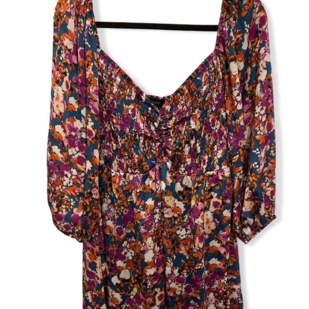 Floral Midi Dress with Purple and Orange Accents